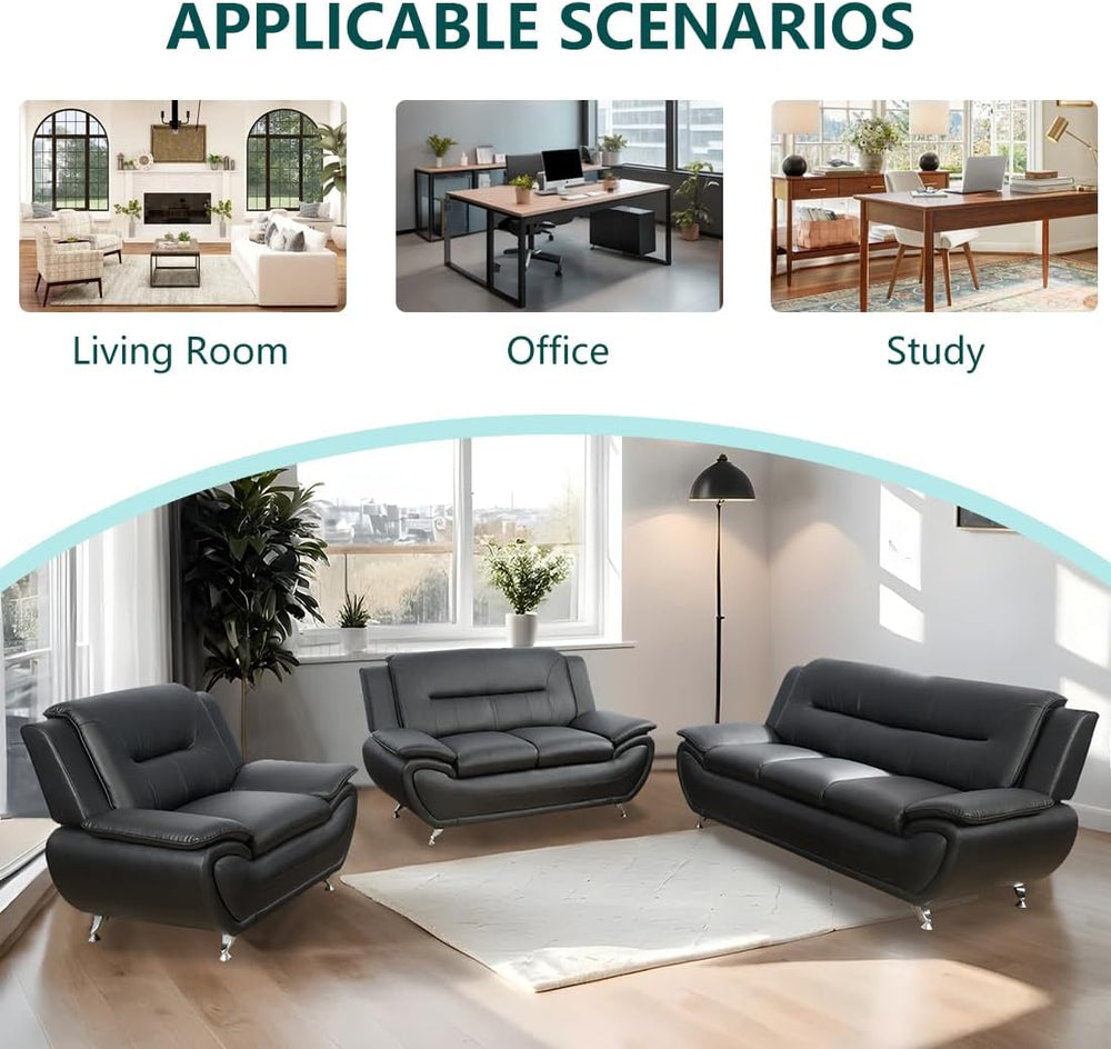 3 Piece Living Room Furniture Set, Contemporary Sectional Sofa Couches, Black...