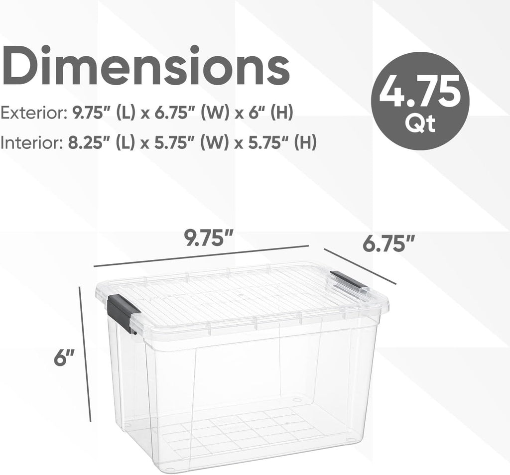 Superio Storage Bins with Lids- 8 Pack, 4.75 Qt Clear Boxes for Organizing, Stackable Plastic Containers- BPA Free, Non-Toxic, Odor Free, Organizer for Home, Office, Dorm
