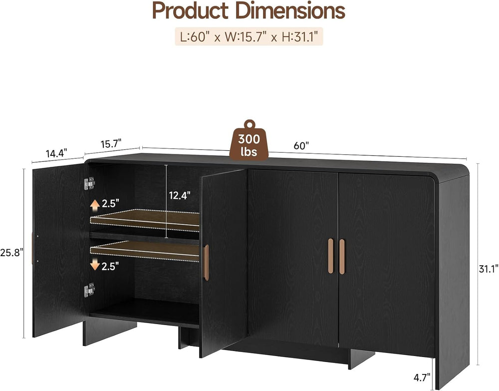 ONBRILL 60" Sideboard Buffet Cabinet with Adjustable Shelves Storage, Black