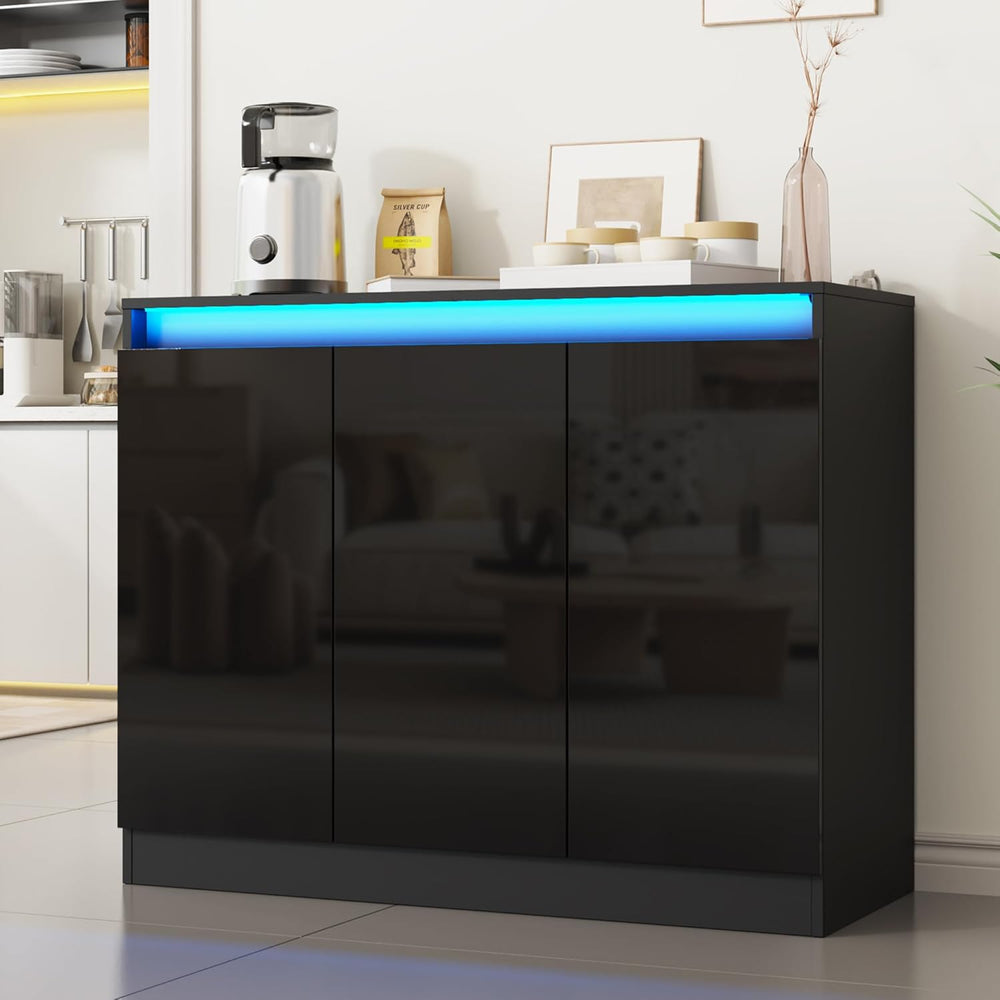 Furnify High Gloss Buffet Cabinet with LED Lights, Modern Sideboard Coffee Ba...