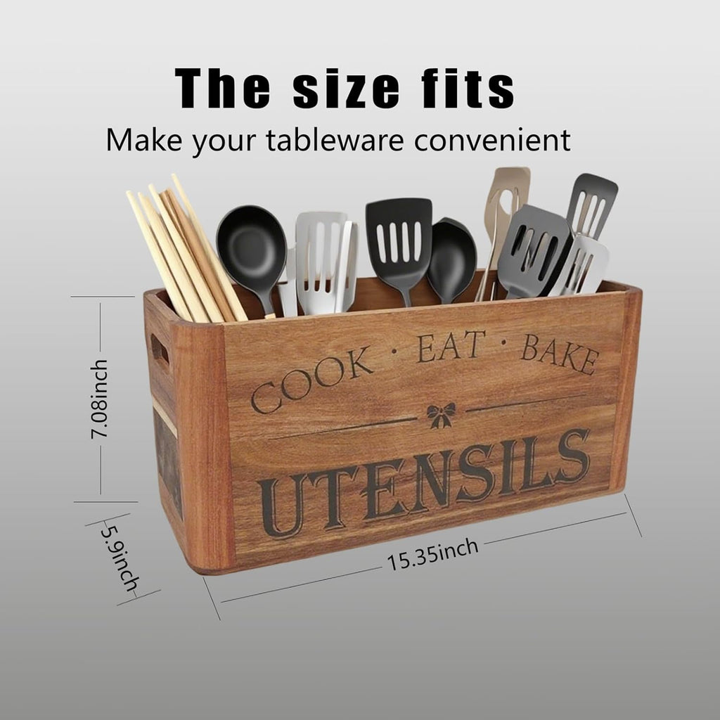 Utensil Holder for Kitchen Countertop - Extra Large 4 Compartment Wooden Organizer in Acacia Wood, Storage for Cooking Tools and Cutlery, Farmhouse Style for Home Cooking