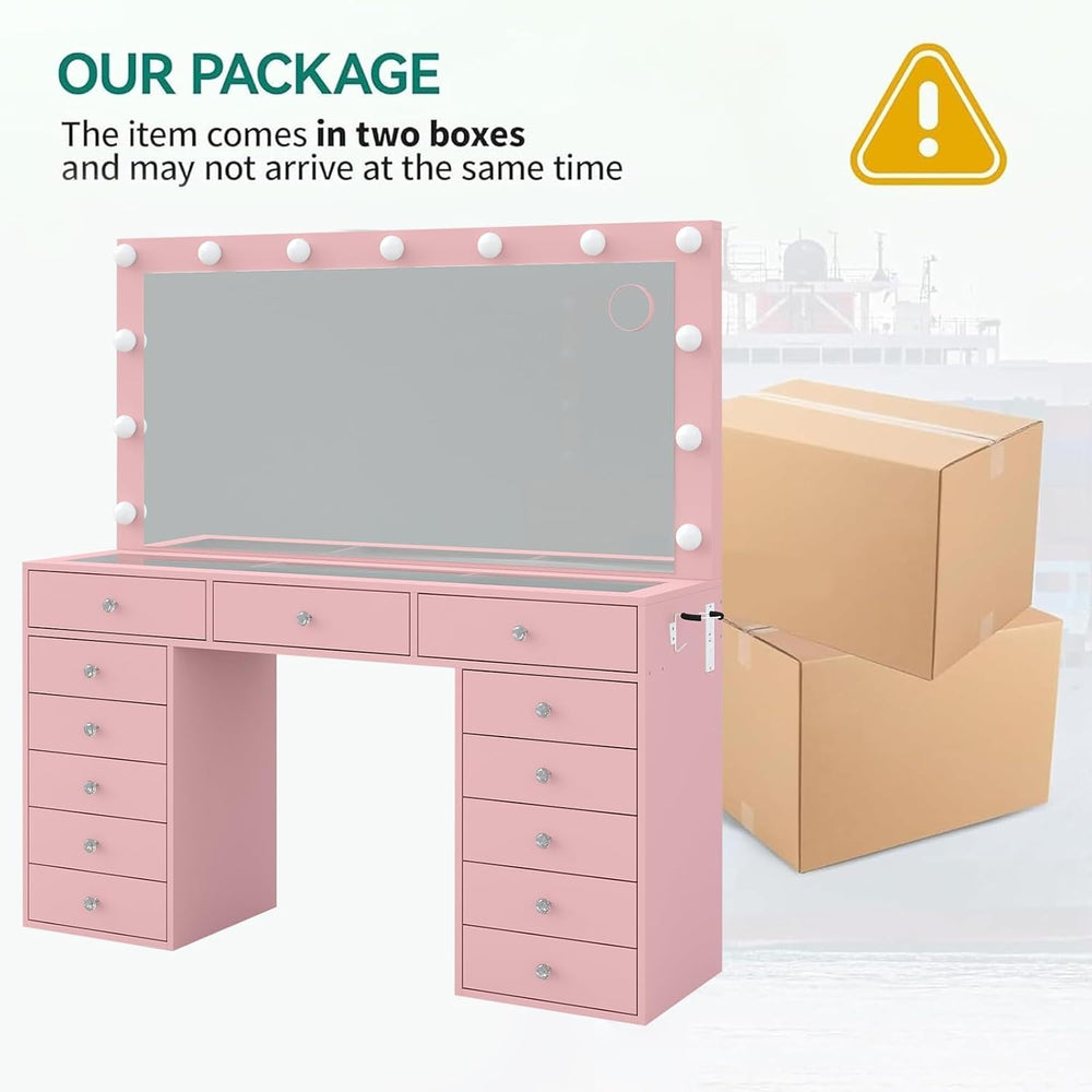 FUSOU Makeup Vanity with Power Outlet & Lighted Mirror, 13 Drawers Vanity...