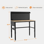 MCombo Adjustable Workbench with Solid Wood Tabletop for Garage, Steel Worktable with 2 Pegboards Bench48 (Black)