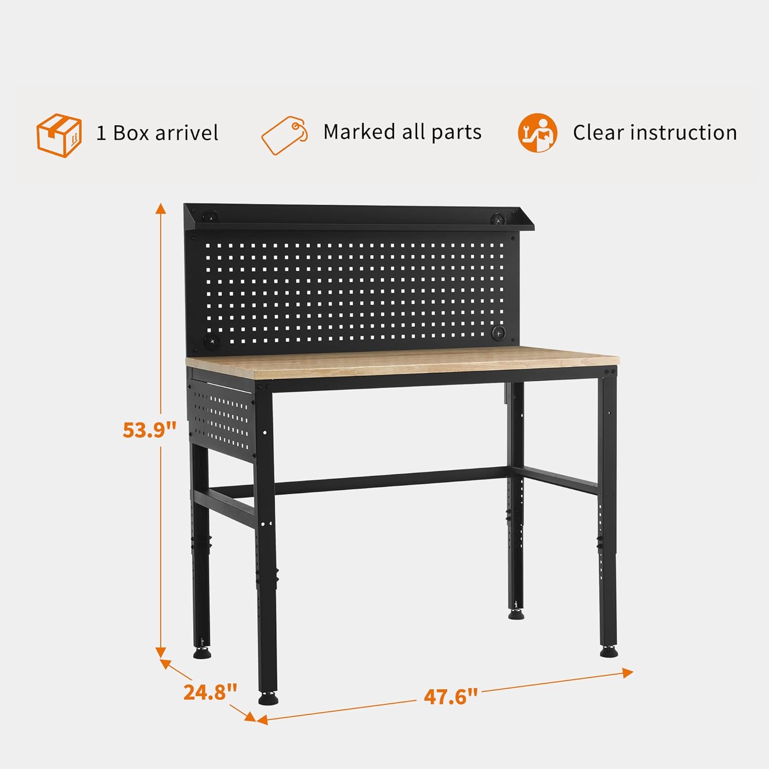 MCombo Adjustable Workbench with Solid Wood Tabletop for Garage, Steel Worktable with 2 Pegboards Bench48 (Black)