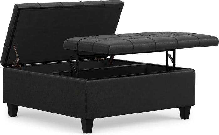 SIMPLIHOME Harrison 36" Wide Vegan Leather Lift Top Ottoman in Black