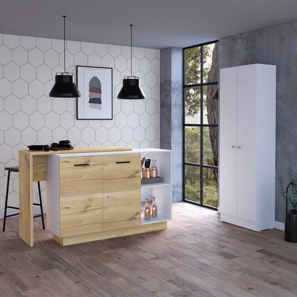 White and Light Oak 4-Door Kitchen Set with Island and Pantry Cabinet | Inclu...