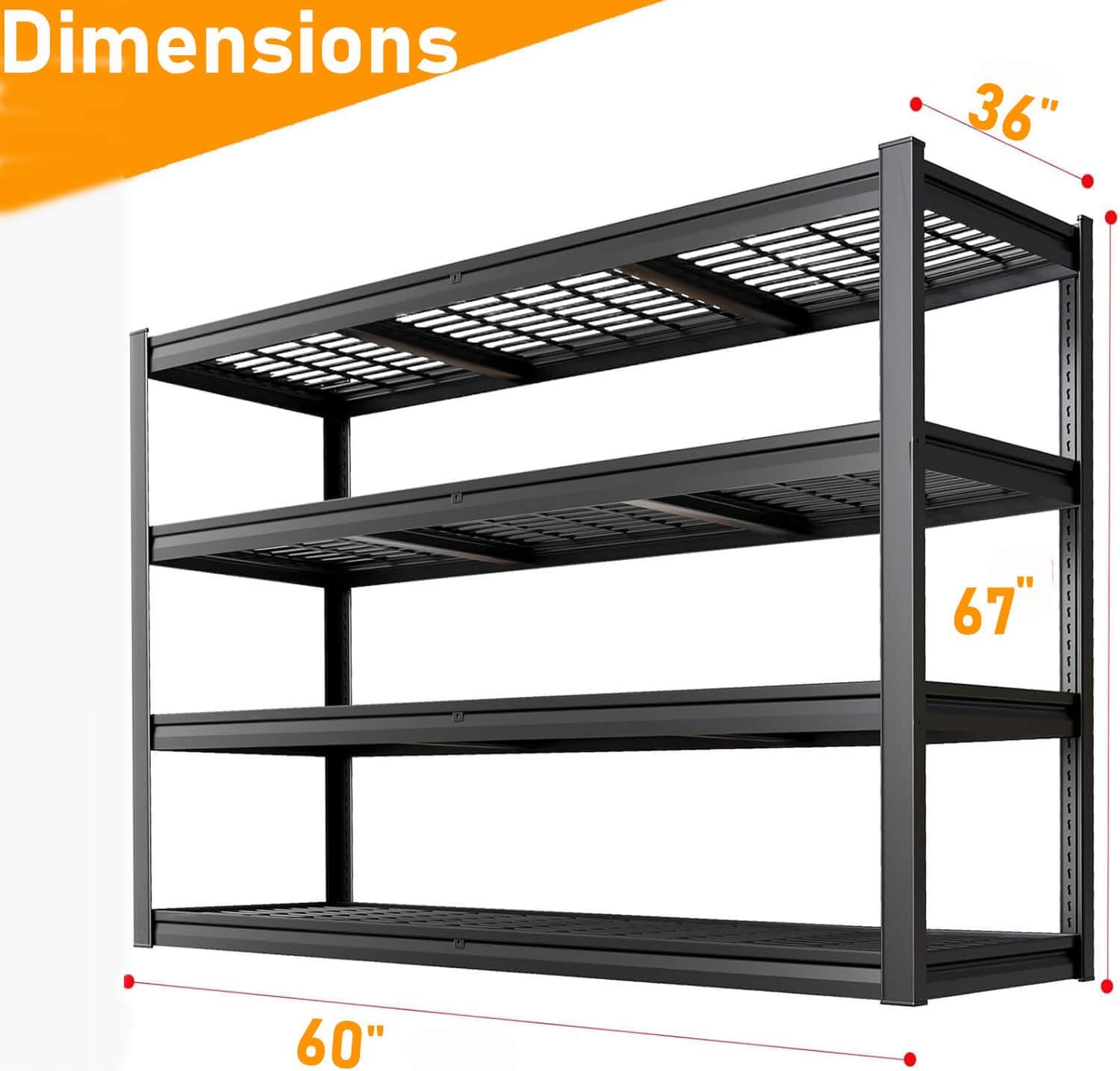 36" Deep Garage Shelving Heavy Duty, 4 Tier Garage Shelves, Adjustable Storage Shelving Unit, Commercial Metal Shelf for Warehouse, Pantry, School, Shop, 60" Wx36 Dx68 H