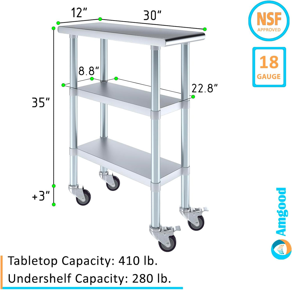 AmGood Stainless Steel Work Table with 2 Shelves and Casters | Metal Utility Table On Wheels (Stainless Steel Work Table with 2 Shelves + Casters, 12" Long x 30" Deep)