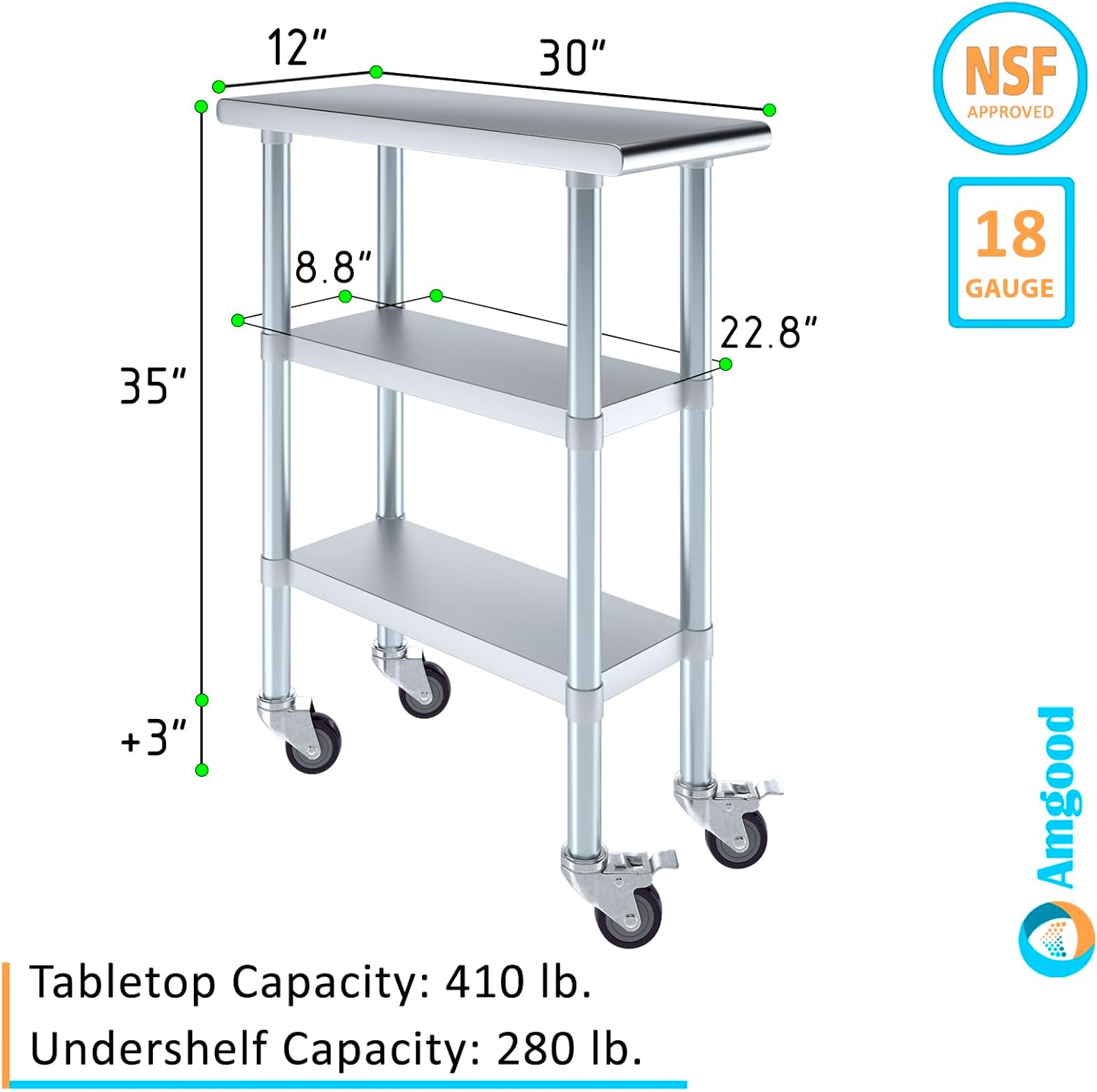 AmGood Stainless Steel Work Table with 2 Shelves and Casters | Metal Utility Table On Wheels (Stainless Steel Work Table with 2 Shelves + Casters, 12" Long x 30" Deep)