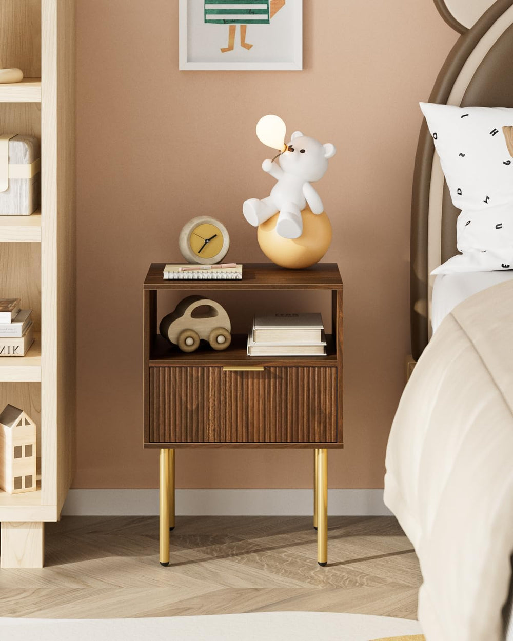 Nightstand,Small Bedside Table with Gold Frame,Walnut Night Stand,Bedside Fur...