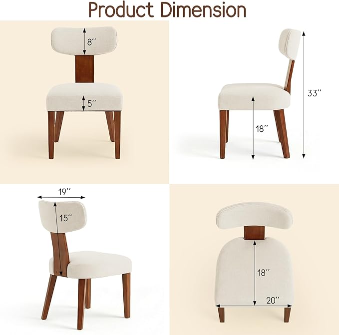 Dining Chairs Set of 2, Mid-Century Modern Upholstered Kitchen Chairs with Curved Backrest and Linen Fabric Seat, Wood Leg Accent Chairs for Dining Room, Living Room, Bedroom, Linen Beige