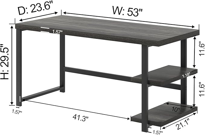 FOLUBAN Home Office Desk, Modern Computer Desk with Storage Shelf, Wood Study Writing Gaming Table for Bedroom Living Room, Industrial Dark Gray, 53 Inch