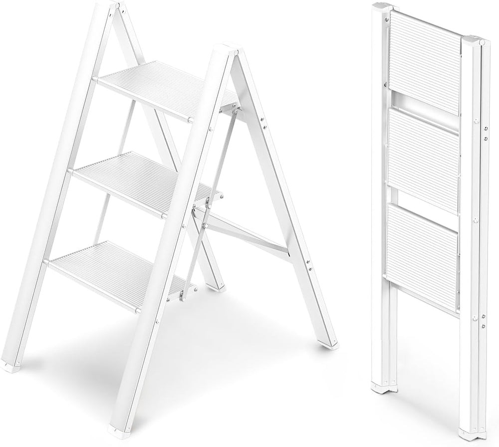 3 Step Ladder, Foldable Step Stool, 300lbs Load, White