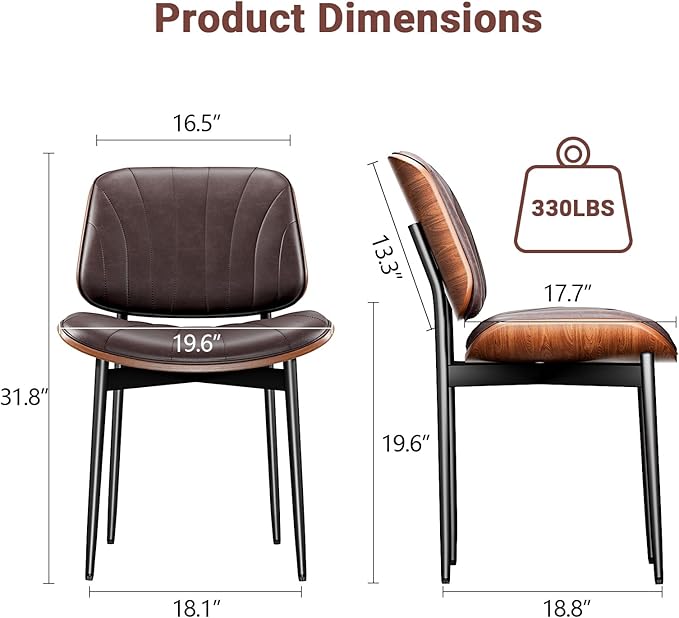Dining Chairs Set of 6, Dining Room and Kitchen Chairs, Mid Century Modern Accent Chair, Upholstered PU Leather Chairs for Vanity with Walnut Bentwood and Metal Legs, Brown