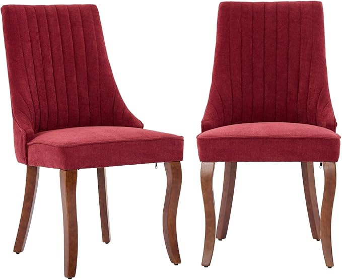 Dining Chairs Set of 2,Comfy Fabric Upholstered Accent Chairs for Kitchen Living Room,Channel Tufted Dining Room Chairs with Curved Solid Wood Legs(Wine Red)