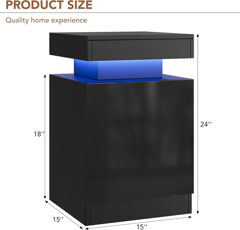 Nightstands Set 2, 15 Inches LED Night Stand Set of 2, Modern Bedside Table w...