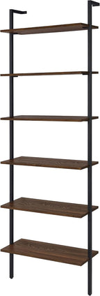 Coaster Home Furnishings - Owens - Wood and Metal - 6-Shelf Wall Mounted Bookshelf with Ladder Design and Transitional Style - Home Office & Living Room - 96-Inch - Walnut & Black - 980072