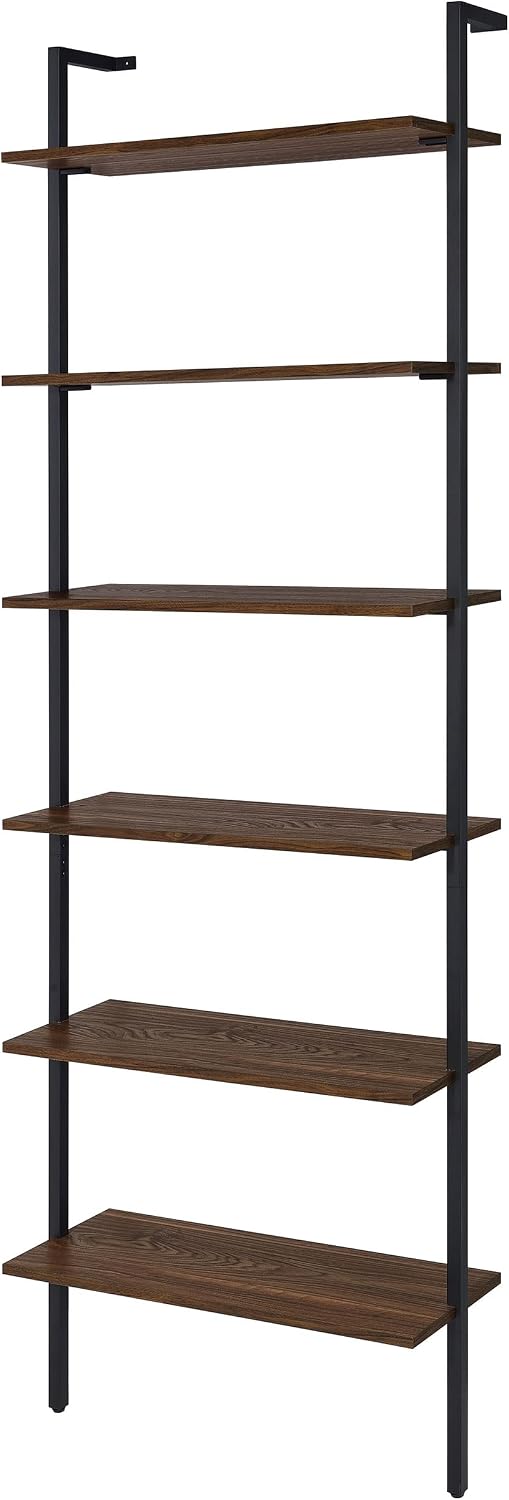 Coaster Home Furnishings - Owens - Wood and Metal - 6-Shelf Wall Mounted Bookshelf with Ladder Design and Transitional Style - Home Office & Living Room - 96-Inch - Walnut & Black - 980072