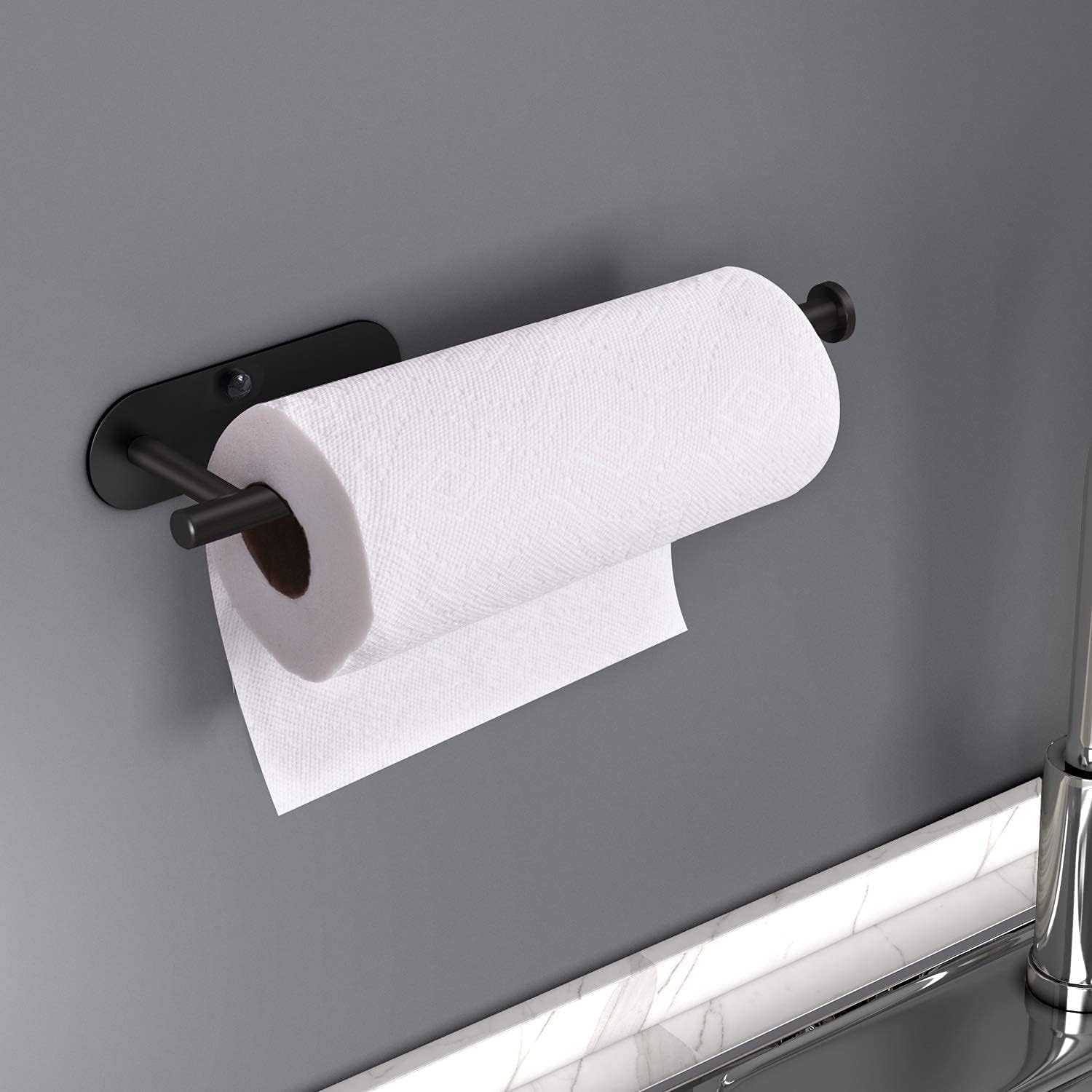 HUFEEOH Adhesive Paper Towel Holder Under Cabinet Wall Mount for Kitchen Paper Towel, Stainless Steel Paper Towel Roll Rack for Bathroom Towel (13inch, Black)