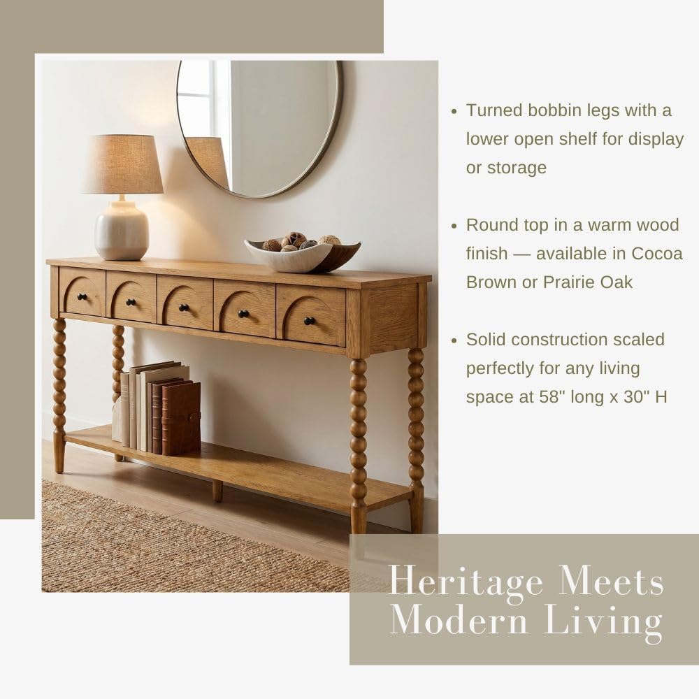 Pembroke 58” Cottage Sofa Console Table with Drawers & Lower Shelf Storag...