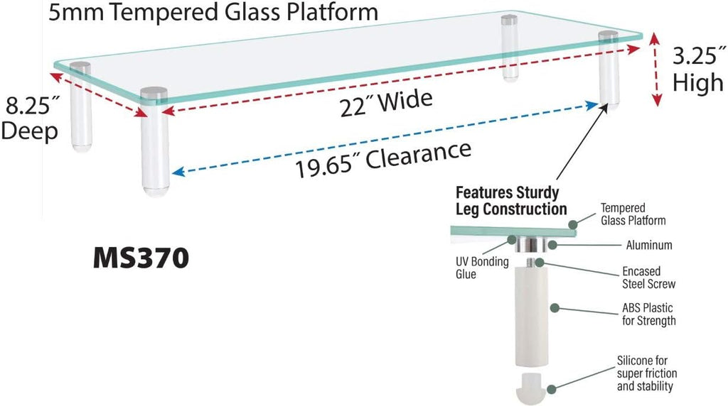 Kantek Glass Monitor Riser with 5mm Tempered Glass Platform and 40-Pound Capacity, 22-Inch W x 8.25-Inch D x 3.25-Inch H, Clear Glass (MS370)