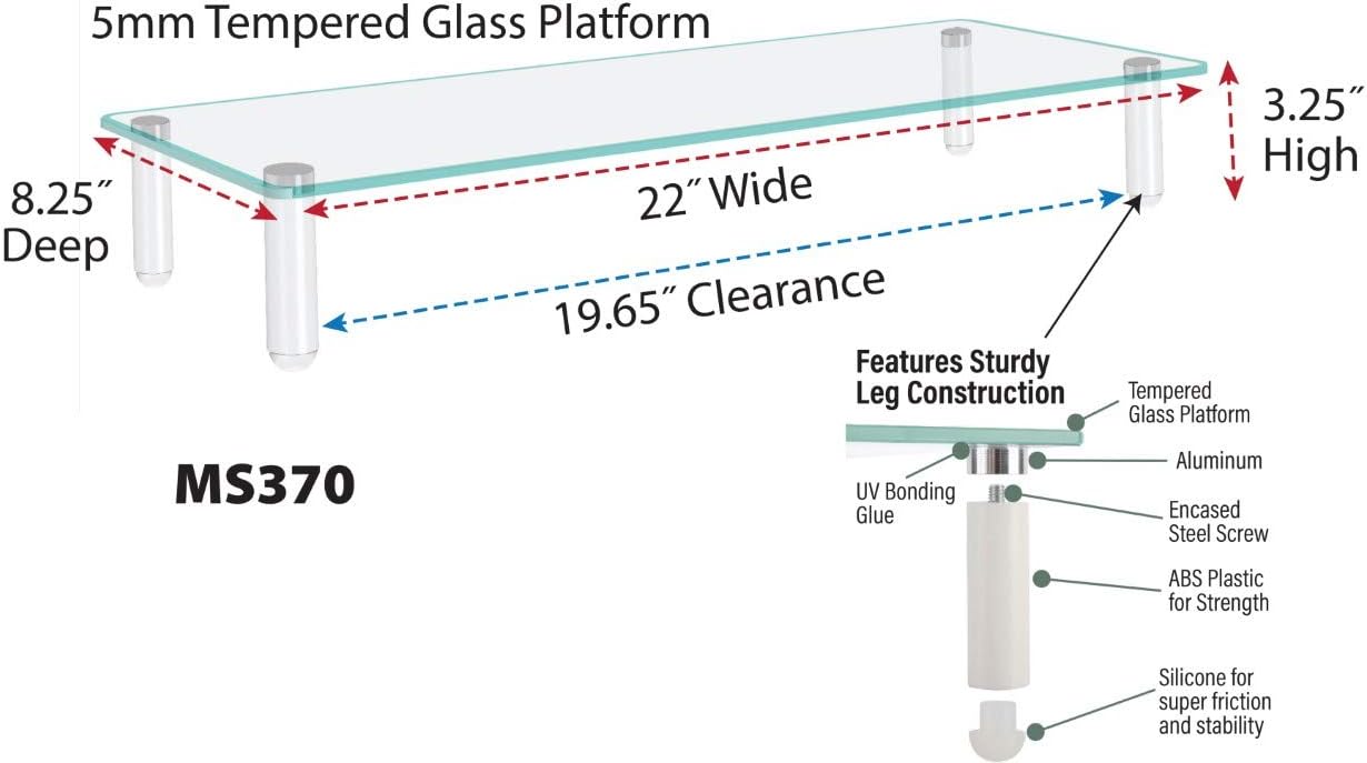 Kantek Glass Monitor Riser with 5mm Tempered Glass Platform and 40-Pound Capacity, 22-Inch W x 8.25-Inch D x 3.25-Inch H, Clear Glass (MS370)