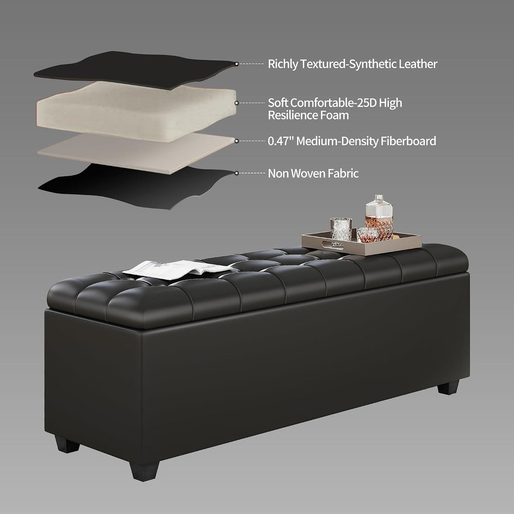 38-inch Black Faux Leather Storage Ottoman Bench with Seat & Footrest Fun...