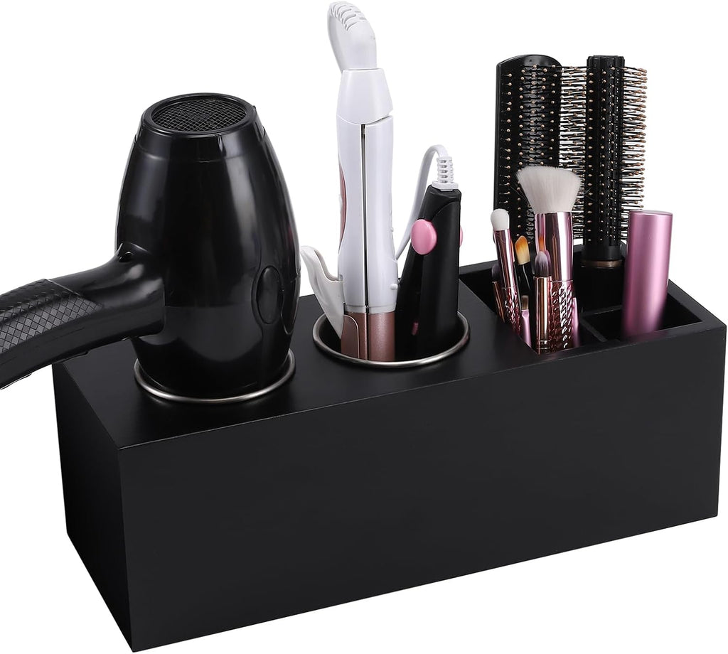 Hair Dryer Countertop Holder, Hair Tool Organizer Wall Mount, Blow Dryer Holder Cabinet Door Organizer, Bathroom Countertop Blow Dryer Holder and Curling Iron Holder (Cedar Wood, Black)