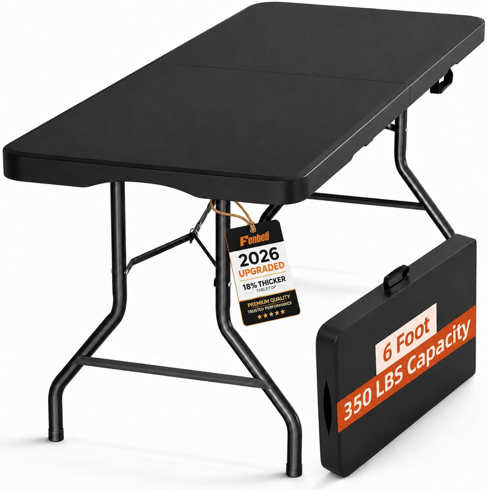 Folding Table 6ft, Heavy Duty Plastic Fold-in-Half Utility Table, Black | Por...