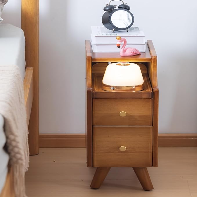Narrow Nightstand, Slim Nightstand, Solid Wood Night Stand, Narrow Side Table for Living Room, Small Spaces, Couch, Walnut Color 9.84in Wide