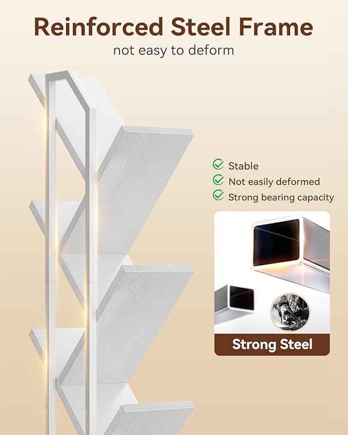 Casaottima White Tree Bookshelf with LED Light Strip — 6-Tier Small Floor Sta...