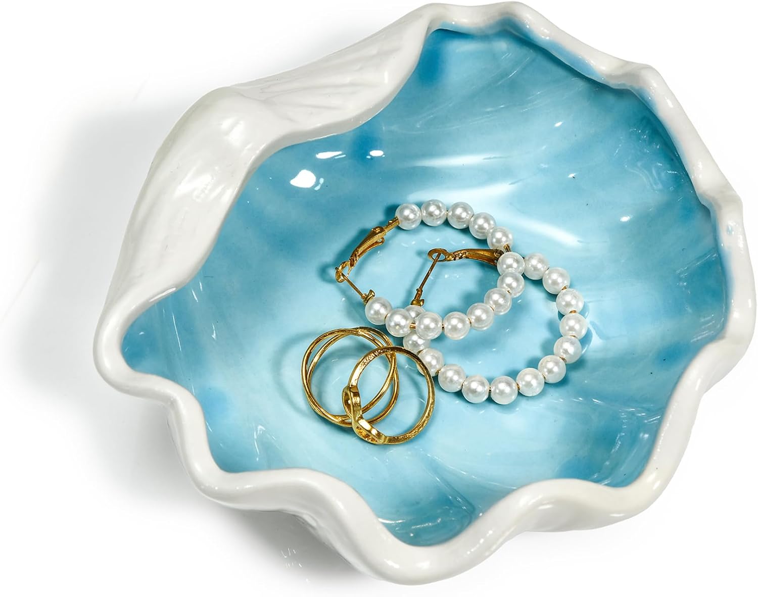 Seashell Ceramic Jewelry Trinket Tray, Blue White Decorative Ring Holder Dish for Rings Earrings Necklaces, Women’s Birthday Gift, Mother’s Day Present
