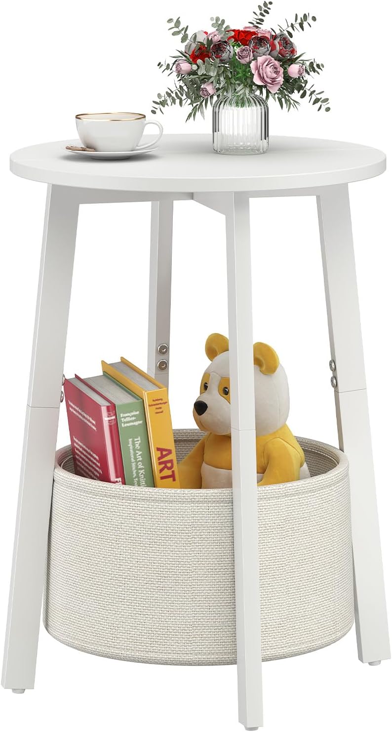 sthmec Small Round Side End Table with Cloth Storage Basket, Round Bedside So...