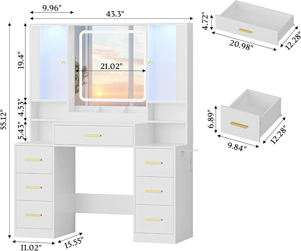 HUANLEGO Makeup Vanity Desk with Mirror and LED Lights for Girls, White