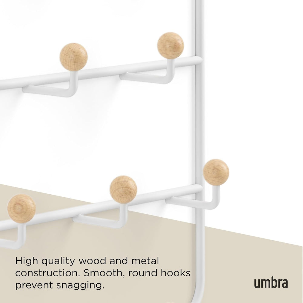 Umbra Estique Coat Rack, Over the Door Wall Hooks, 14 Hook, White/Natural