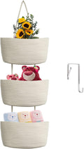 TeoKJ Over the Door Hanging Baskets, 3-Tier Woven Cotton Storage Organizer Bag with Hooks Wall-Mounted Decorative Nursery Kitchen Baskets - White