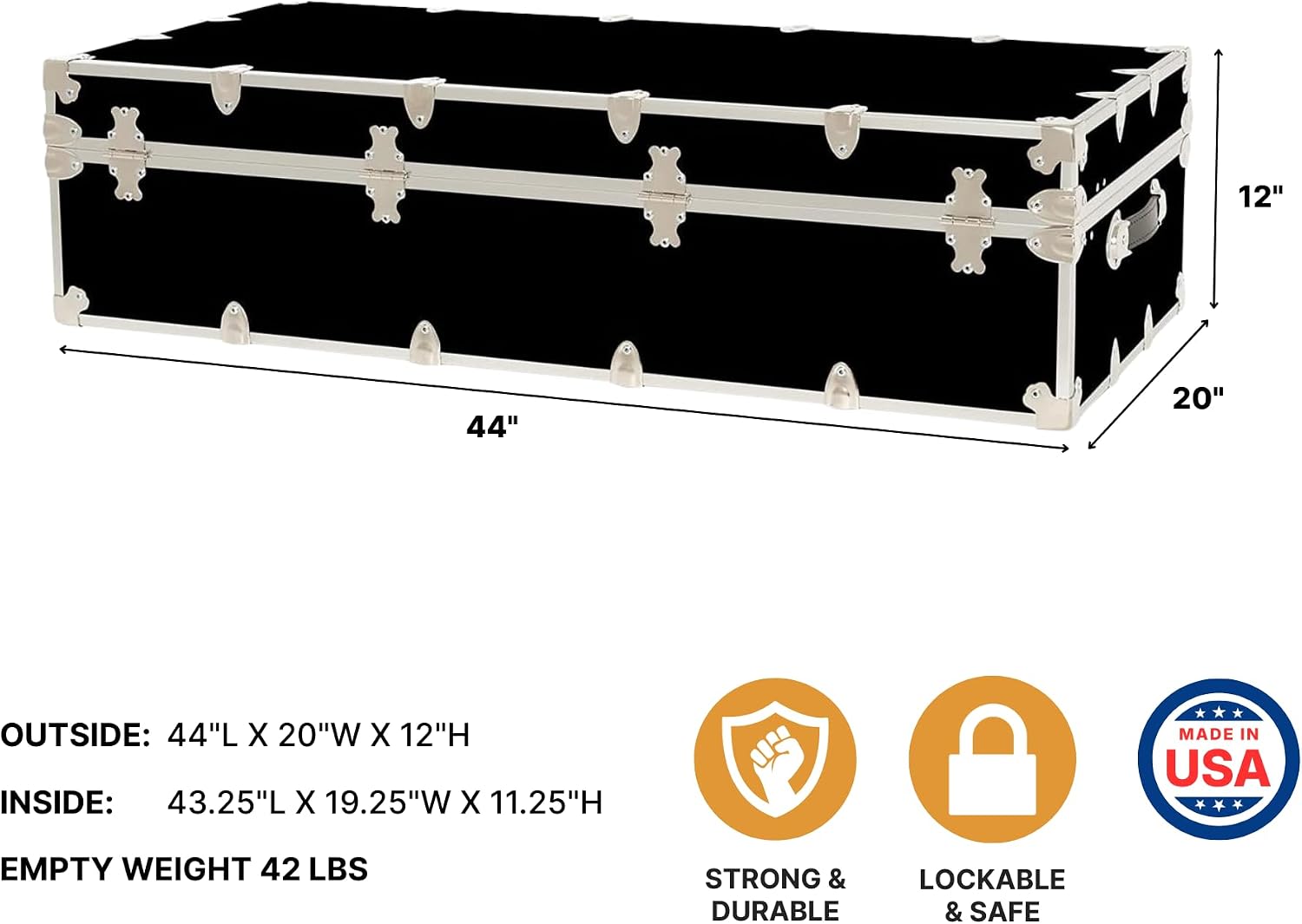 Rhino Trundle Storage Trunk, Under Bed Dorm Footlocker | 44"L x 20"W x 12"H, 42 lb Item Weight, Steel, Durable, Removable, College Dorm, Home Storage, Dorm Room, Hope Chest