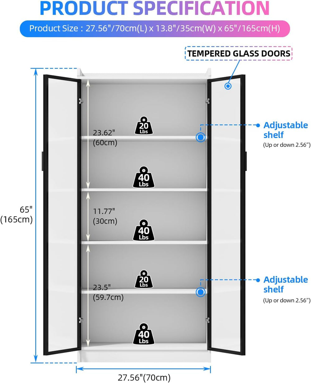 Dystler 65" Display Cabinet with Glass Doors, 5-Tier Curio Cabinet with ...