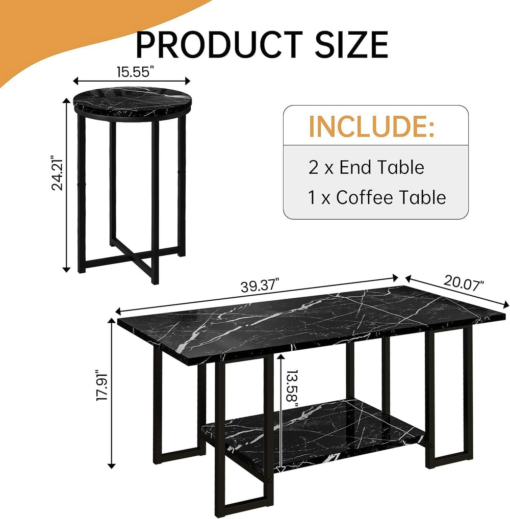 Lamerge 3 Pieces Living Room Table Set, Faux Marble Coffee Table with 2 Round...