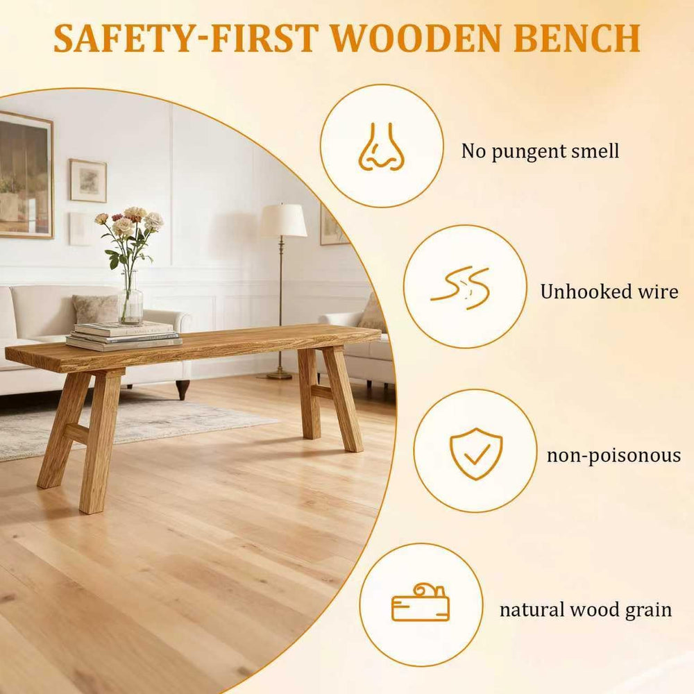 47.2" Solid Wood Entryway Bench - Extra Long Elm Wood Farmhouse Dining B...