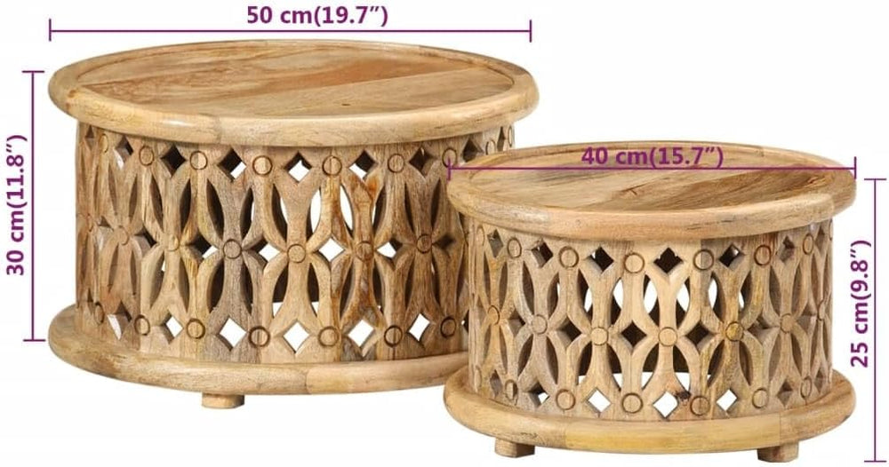 2 Piece Coffee Table Set Solid Mango Wood Round Nesting Side Tables for Livin...