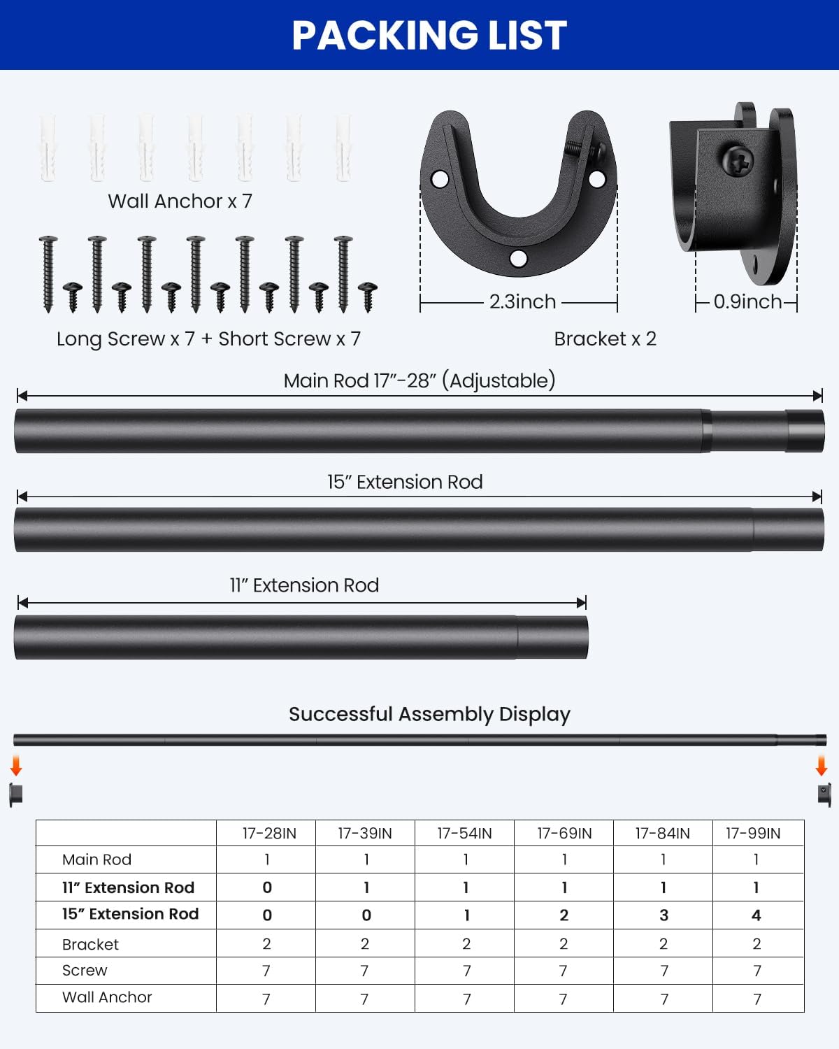 Closet Rods for Hanging Clothes, 17 to 84 Inches Stepless Adjustable Metal Closet Rod, 1.3 Inches Heavy Duty Clothes Hanging Rod for Closet Wardrobes Laundry RV, Black