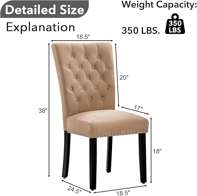 Velvet Dining Kitchen Chair Set of 4, Parsons Upholstered Dining Room Chair, Wood Accent Chair with Nailed Trim, Camel