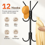 MISSLO Heavy Duty Coat Rack Freestanding with Stable Wood Base Metal Coat Tree with 12 Hooks Coats Hanger Stand Adjustable Clothes Tree for Jackets, Hats, Bags Standing Purse Rack for Bedroom, Office