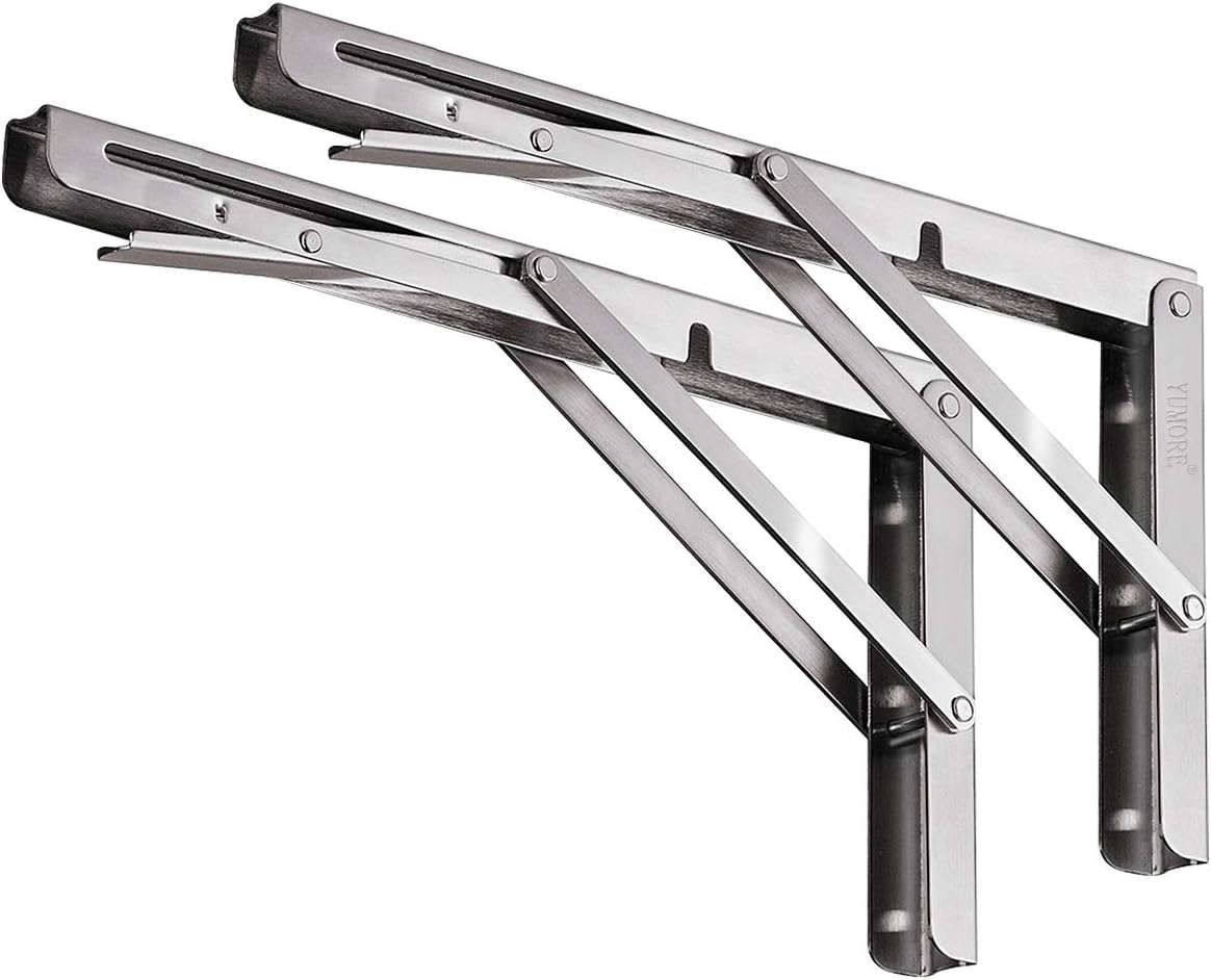 YUMORE Folding Shelf Bracket 14",Heavy Duty Stainless Steel Collapsible Shelf-Bracket Max Load 330lbs Wall Mounted Table Support Hinge for Space-Saving DIY Work Bench with Install Screws, Pack of 2