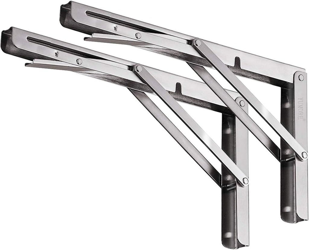 YUMORE Folding Shelf Brackets 10", Max Load: 330lb Heavy Duty Stainless Steel Collapsible Shelf Bracket for Table Work Bench, Space Saving DIY Bracket, Pack of 2