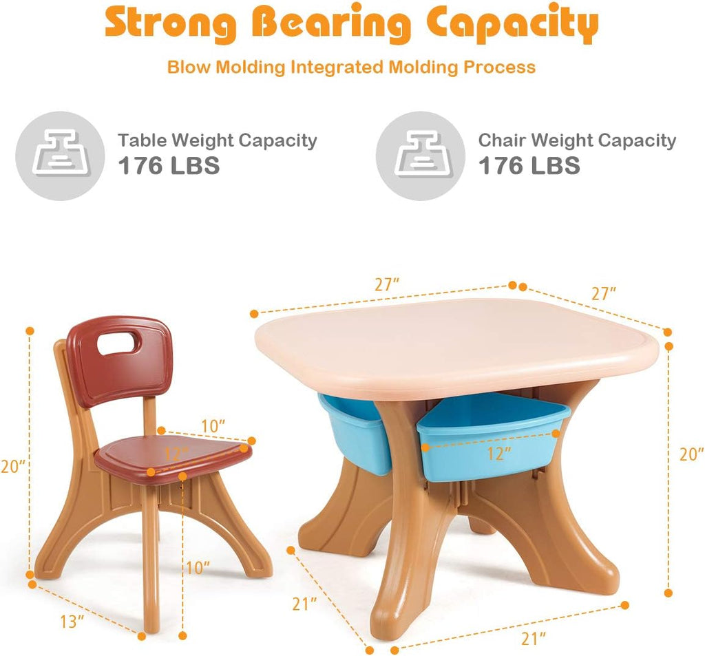 Costzon Kids Table and Chairs, 3 PCS Activity Desk Set w/ 4 Detachable Storage Bins for Indoor Outdoor Play Art Crafts Picnic Patio, Lightweight Toddler Table and Chair Set (Coffee & Blue)