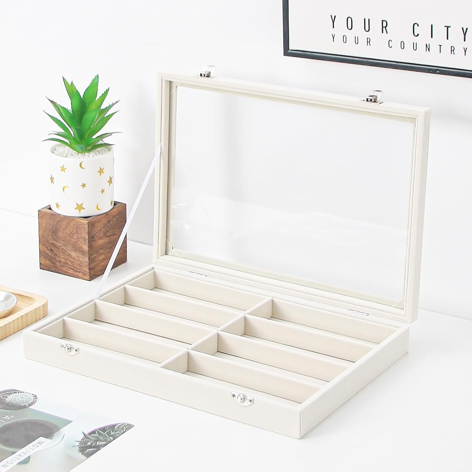 Coward Sunglass Organizer Tray Box, Beige Velvet Grids Eyeglasses Display Tray Case with Transparent Glass Lid for Home Use or Store Shop Selling Show