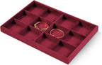 Velvet Stackable Jewelry Display Tray, 12 Grid Watch Bangle Bracelet Storage Tray, Makeup Drawer Insert Jewelry Shop Organizer Plate (Red)