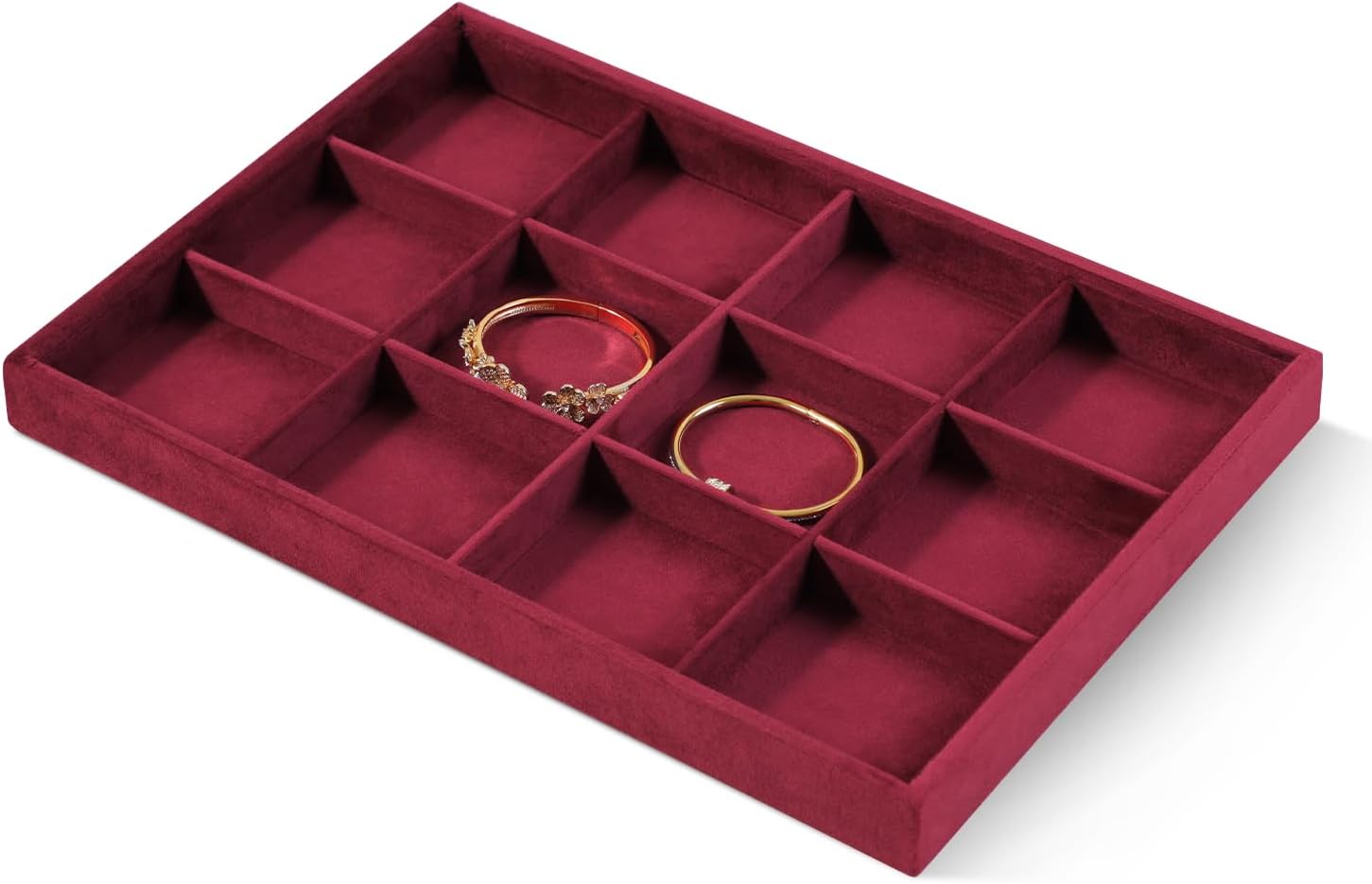 Velvet Stackable Jewelry Display Tray, 12 Grid Watch Bangle Bracelet Storage Tray, Makeup Drawer Insert Jewelry Shop Organizer Plate (Red)